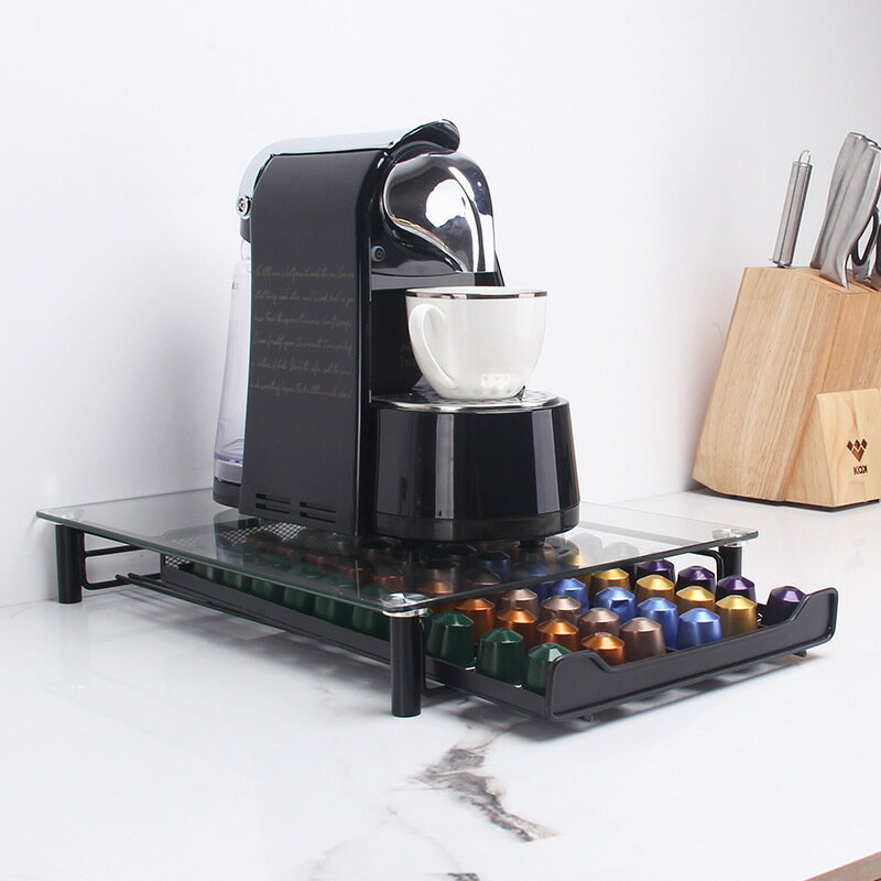 楓林宜居 批發定制 抽屜式玻璃臺面咖啡膠囊收納架 金屬桌面咖啡收納架子