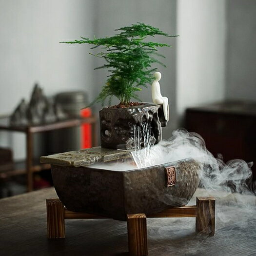 流水招財擺件桌面小中式禪意陶瓷佛像茶臺創意加濕器室內家居客廳 年終鉅惠 可開發票