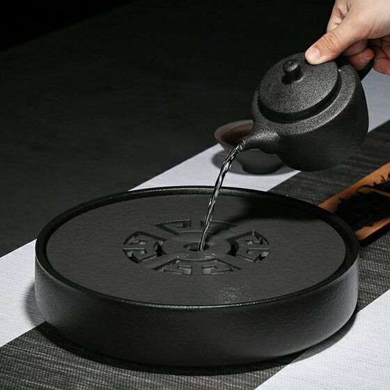 泡茶專用圓形茶盤 烏金石茶盤小號家用圓形陶瓷托盤幹泡臺套裝儲水茶臺快速出貨 母親節禮物