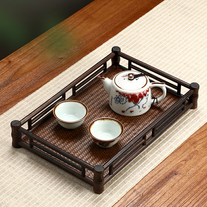 日式竹製託盤 長方形茶杯架 復古茶具收納盤 家用竹編席面茶盤