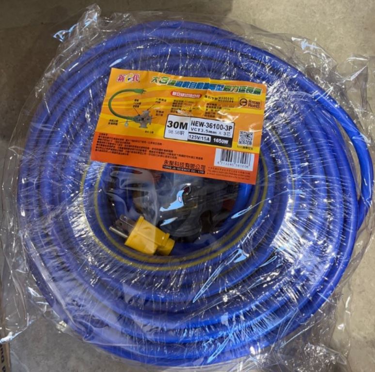 3芯 3孔 30米 附過載 動力線 線徑 3.5mm 延長線 臺灣製 三面插孔 插座附燈 90尺 附接地線