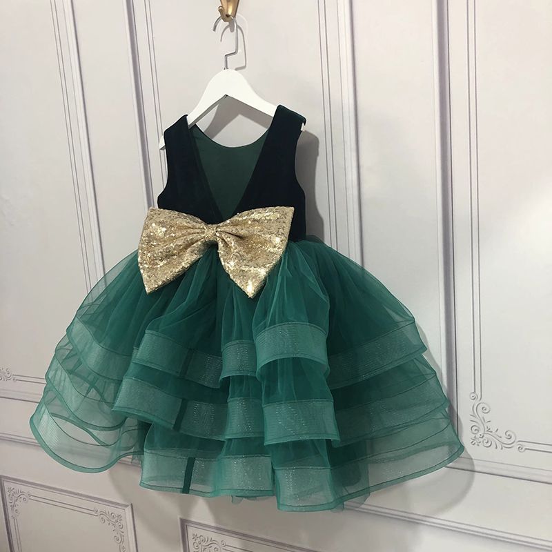 女童墨綠絲絨高階禮服網紗結鋼琴走秀蓬蓬裙公主裙中大童美背