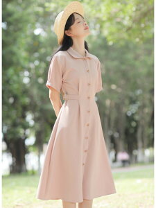 粉色溫柔風短袖襯衫連身裙女夏季氣質polo領襯衣裙子洋裝
