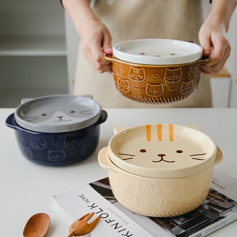 貓趣日式可愛陶瓷泡面碗帶蓋大容量學生宿舍高顏值湯碗微波爐加熱