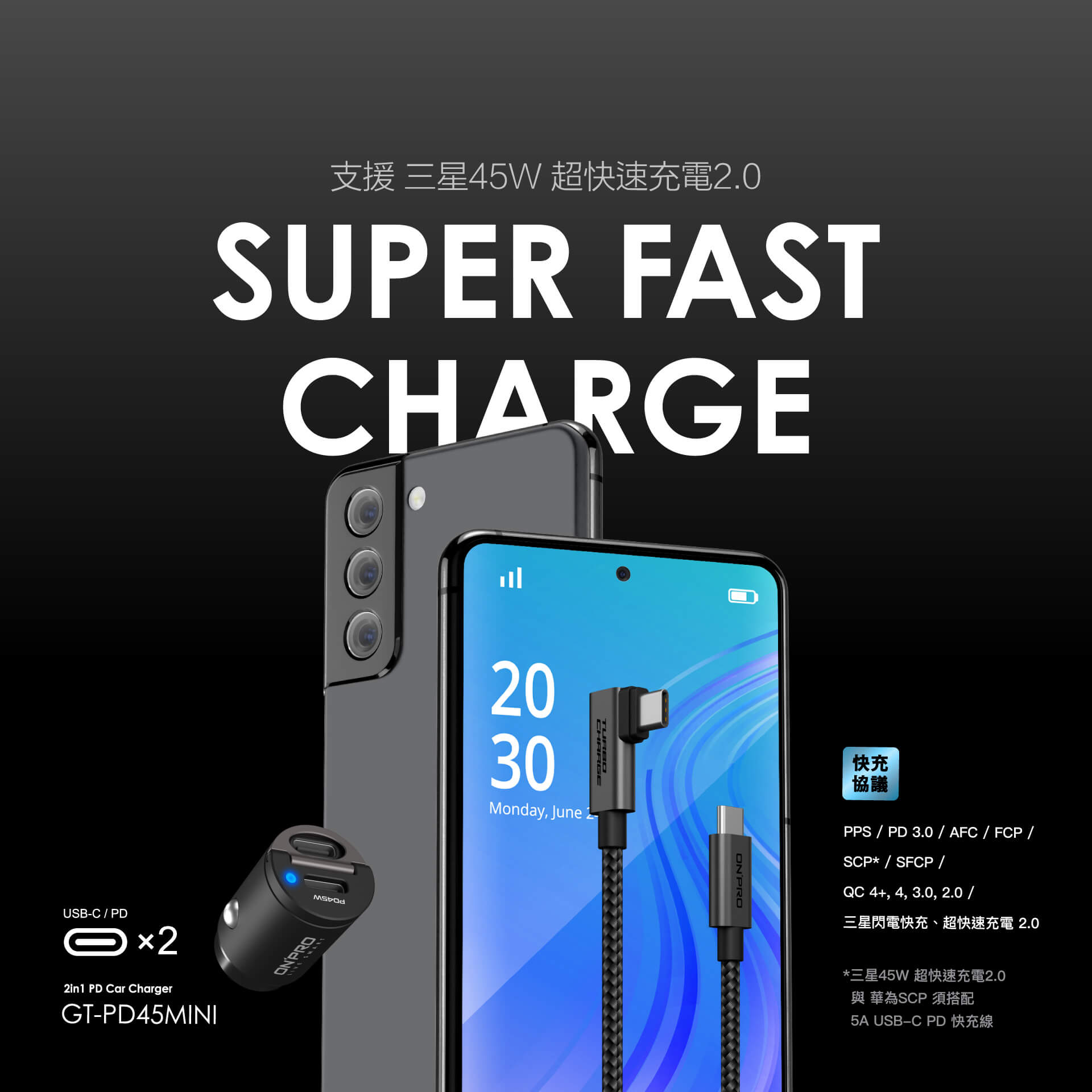 onpro GT-PD45AC 雙模式 快充 mini PD+QC 3.0 45W 超急速 車用 充電器 充電頭 5