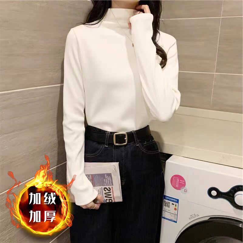 德絨半高領長袖打底衫女秋冬新款加絨加厚內搭長袖白色上衣女