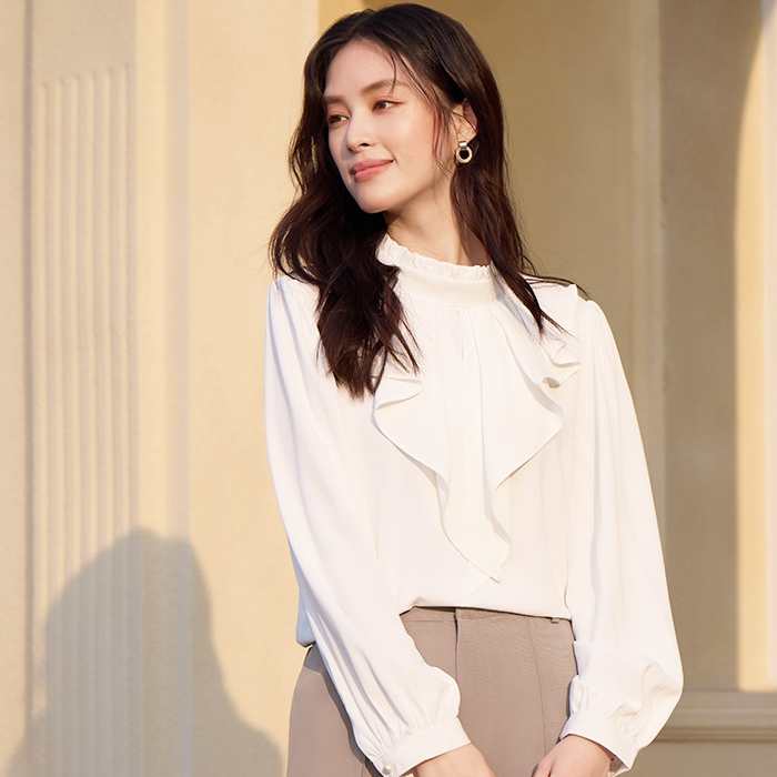 灰姑娘[88635-S]立領滾荷葉邊長袖襯衫上衣