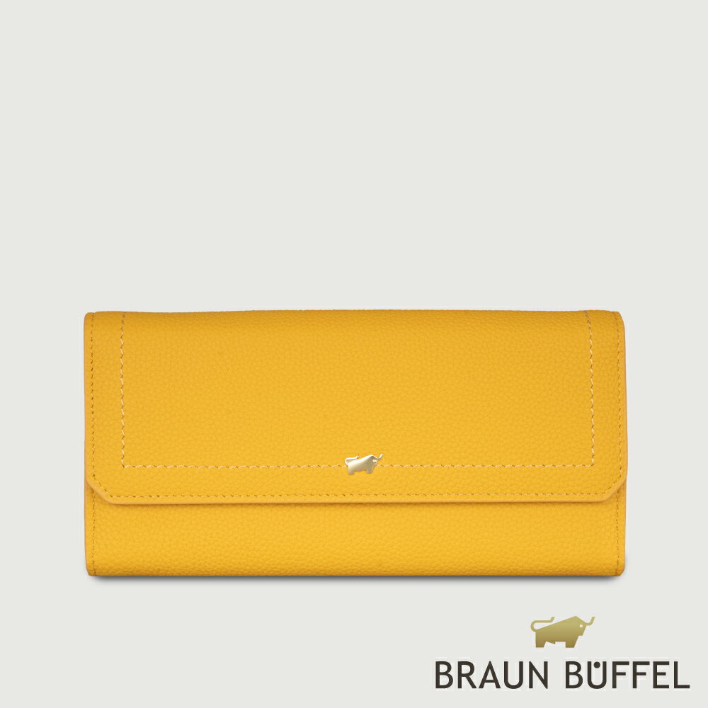 【BRAUN BUFFEL 德國小金牛】臺灣總代理 珍妮絲 14卡兩折長夾-向日葵黃/BF840-621-SF