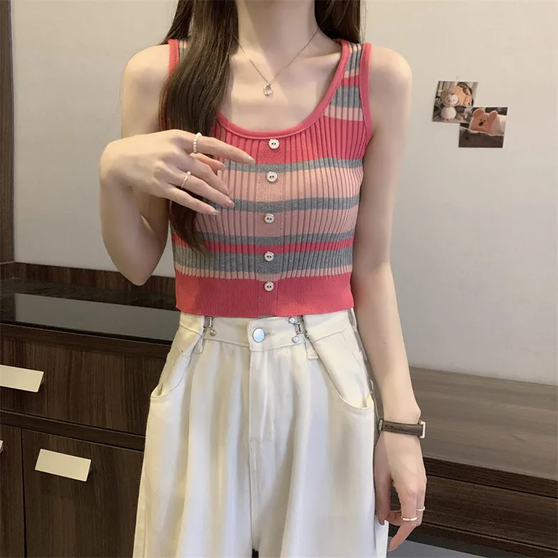 女士背心 小可愛 復古條紋背心 撞色修身短款上衣 針織吊帶背心上衣 女遮肉設計感小眾吊帶 女生背心【不二雜貨】