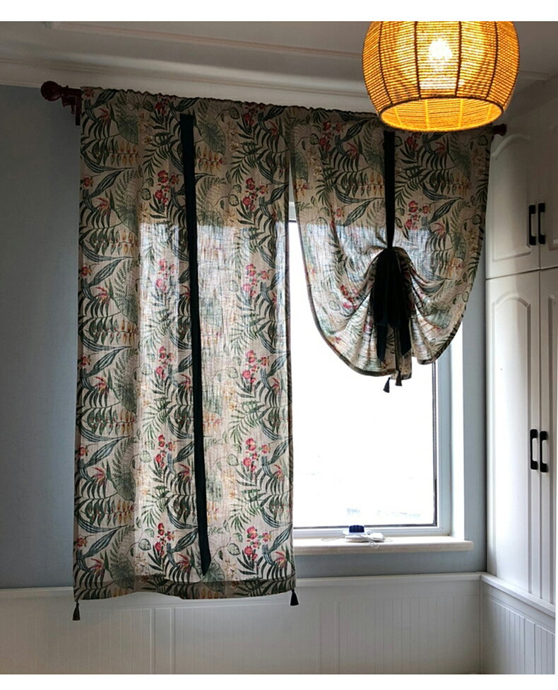 【優選百貨】窗紗簾北歐綠色幾何植物美式復古提拉簾廚房 6