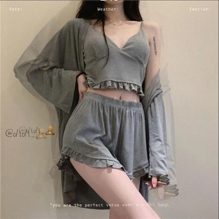 帶胸墊春夏睡衣套裝女生ins高顏值性感吊帶家居服長袖睡衣三件套【步行者戶外生活館】P