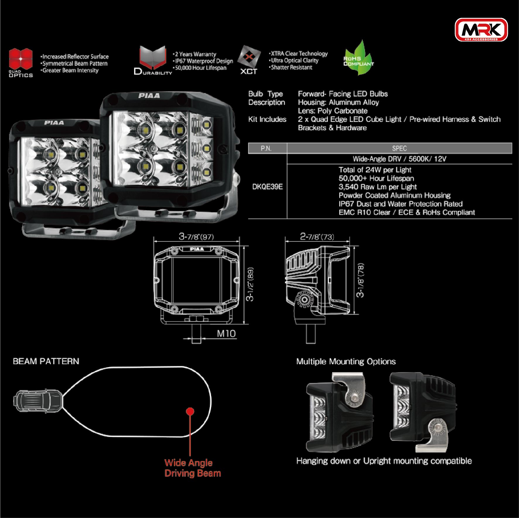 MRK】日本PIAA QUAD EDGE 黃色白色廣角聚光立體方燈汽車重機越野輔助燈