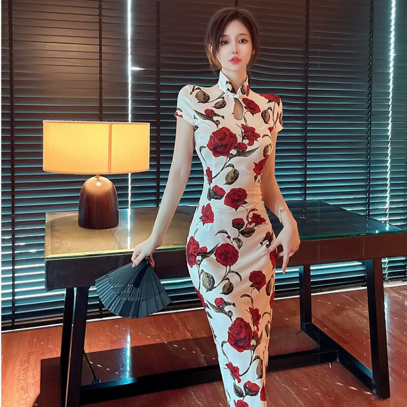 2022夏復古玫瑰小眾設計年輕款氣質日常改良長款旗袍中國風連衣裙