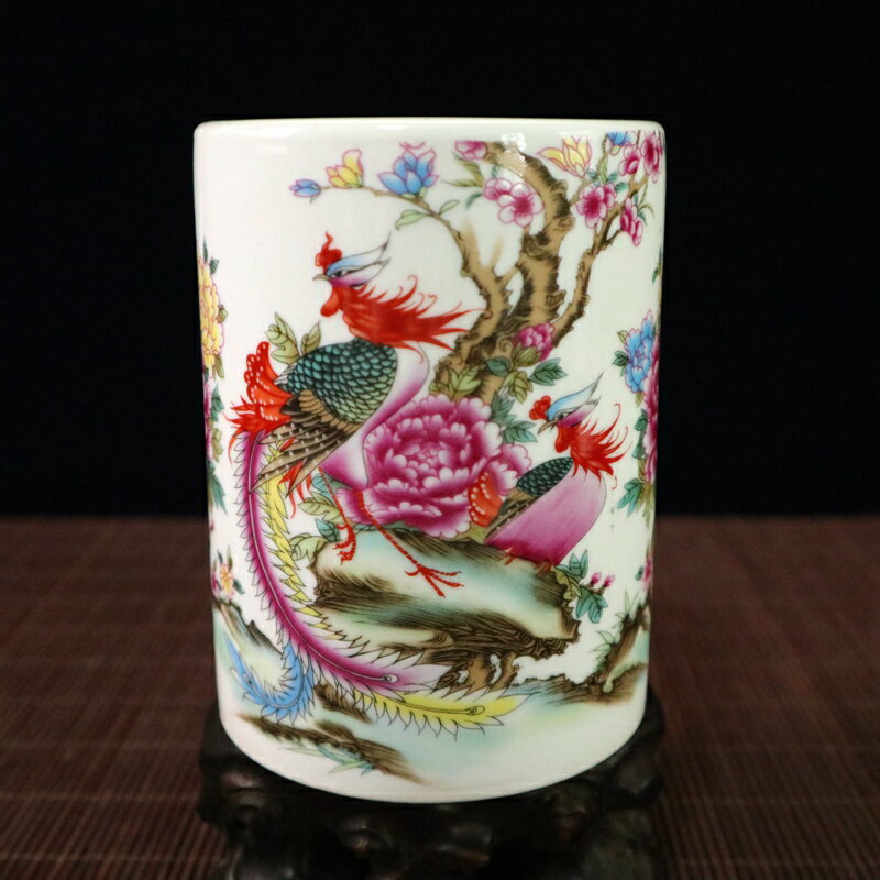 古玩陶瓷器收藏 粉彩祥鳳來儀花鳥圖紋筆筒文房用品家居擺件擺設
