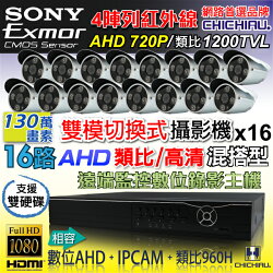 【CHICHIAU】16路AHD 720P數位高清遠端監控套組(含雙模切換SONY高功率四陣列燈130萬畫素攝影機x16)