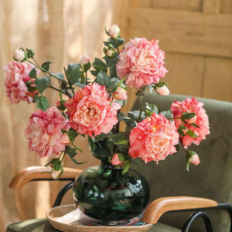 高檔油畫焦邊牡丹花仿真花假花絹花客廳餐桌裝飾輕奢擺設干花擺件