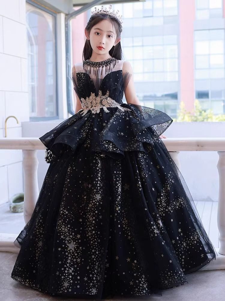 【量身定製】黑色女童晚禮服鋼琴演奏主持人生日宴氣質走秀2025新款兒童公主裙