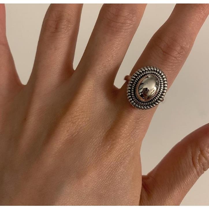 日韓ins風個性潮流S925純銀復古做舊鏡面橢圓開口戒指食指環