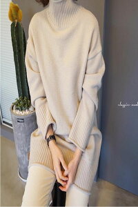 年秋季新款韓國女裝針織高領寬松直通中長款毛衣連衣裙