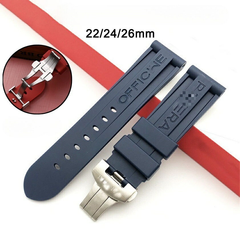 代用沛納海表帶PAM111 PAM441蝴蝶扣帕內萊手鍊配件 錶鏈24mm 22mm Panerai矽膠腕帶 橡膠單錶帶