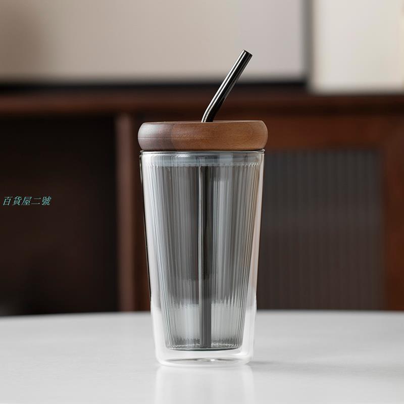 玻璃水杯雙層加厚防燙北美胡桃木杯蓋吸管杯ins咖啡杯茶杯可樂杯