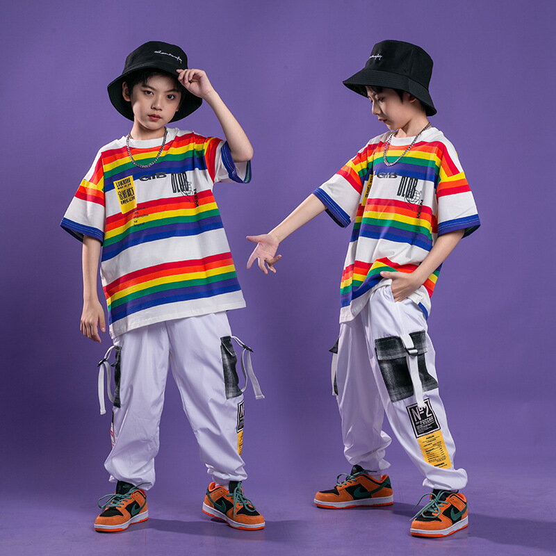 男童嘻哈舞蹈表演服潮裝兒童街舞套裝夏季彩虹T恤女生爵士舞服裝