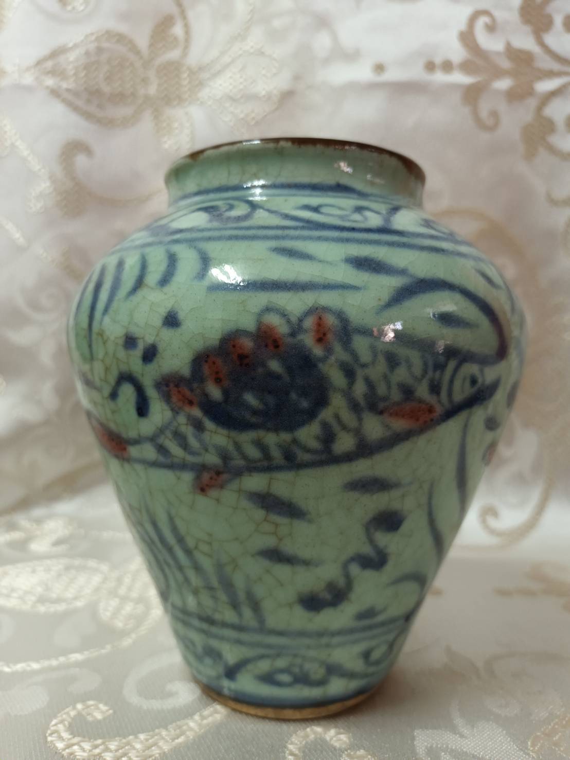 中国　青花釉裏紅　魚藻文瓶　C　R3643 中国 青花釉裏紅 魚藻文瓶 C R3643