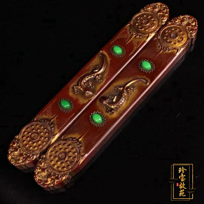 仿古鎮尺純手工鑲嵌寶石浮雕黃楊木鎮紙影視道具文房用品擺件壓尺