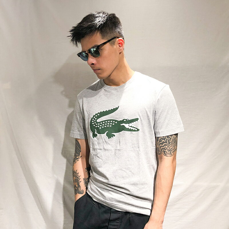 美國百分百【全新真品】Lacoste 鱷魚 T恤 T-SHIRT 短袖 短T 上衣 經典logo 灰色 S號 AZ10