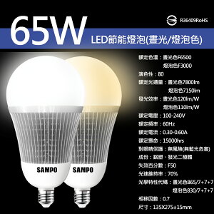 免運【聲寶SAMPO】LB-P65L節能LED燈泡65W(晝光色/燈泡色)泛周光 省電 長壽 不閃爍 CNS檢驗