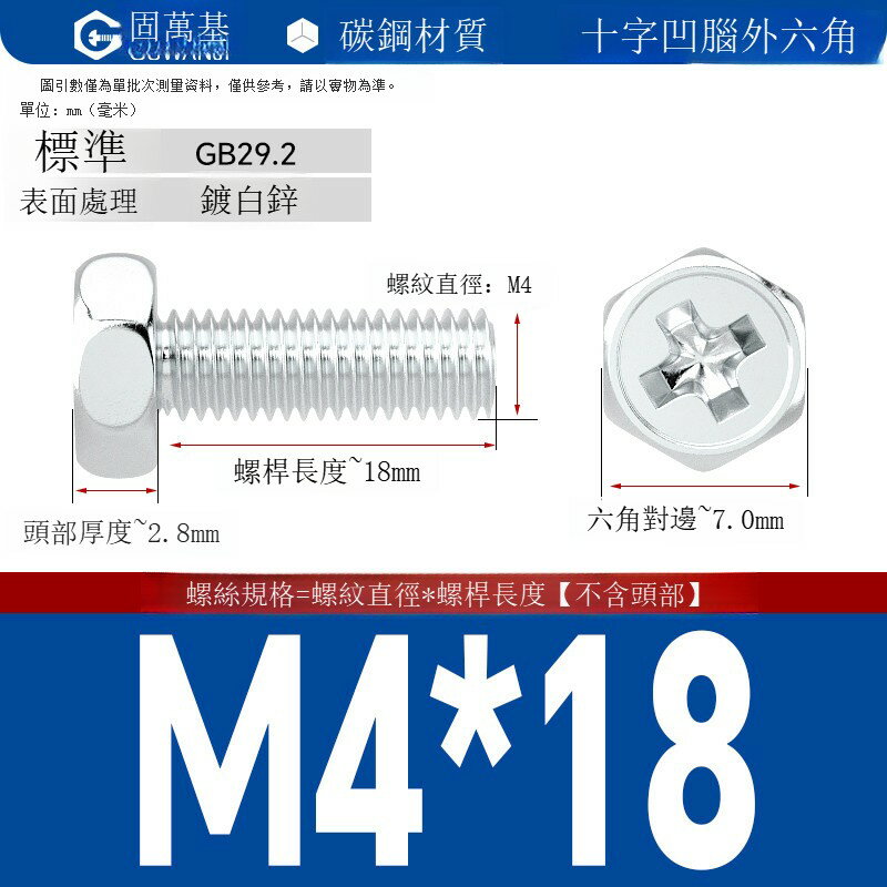 鍍鋅十字外六角螺絲 釘外六角螺栓鐵白鋅十字槽外六角螺釘國標M5M6 可打統編 開發票 免運【滿499起發貨】GWJLS6416T1 0