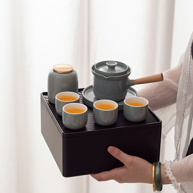 陶瓷側把木柄旅行茶具帶干泡盤功夫茶套裝隨身便攜泡茶神器禮盒裝