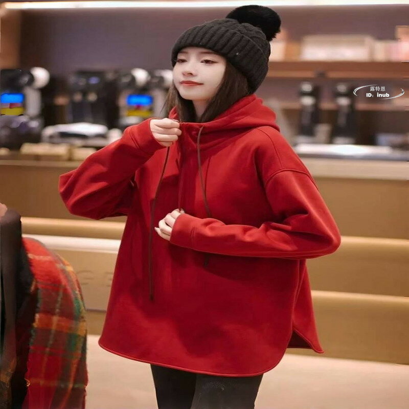 休閒衛衣 衛衣 連帽衛衣 百搭衛衣 時尚洋氣紅色連帽衛衣 外套女春季2025新款寬鬆中長款打底上衣