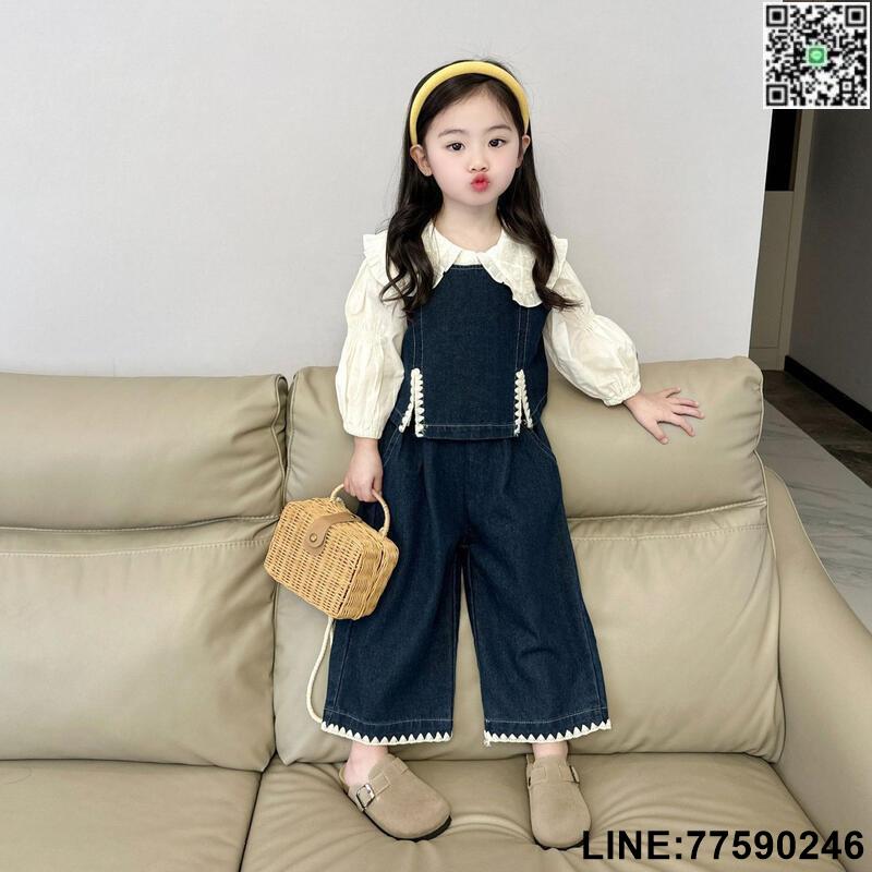 【歡樂購】2024秋季新款 女童時髦套裝兒童洋氣翻領襯衫+牛仔馬甲長褲三件套