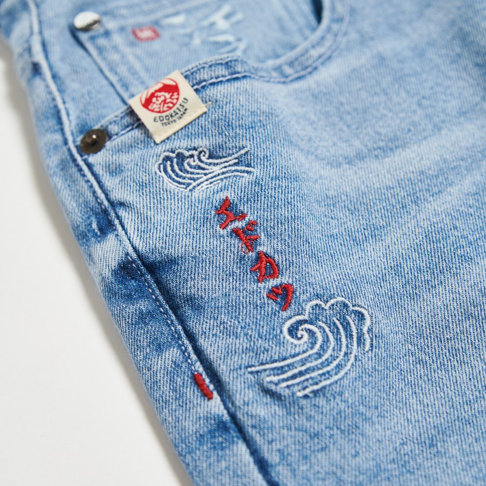 EDOKATSU江戶勝 男款 經典後袋金魚丹寧窄管直筒褲 (漂淺藍) 4