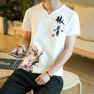 【2件裝】 夏季亞麻中國風短袖T恤 男生短袖T 大碼衣服 半截袖棉麻時尚T恤