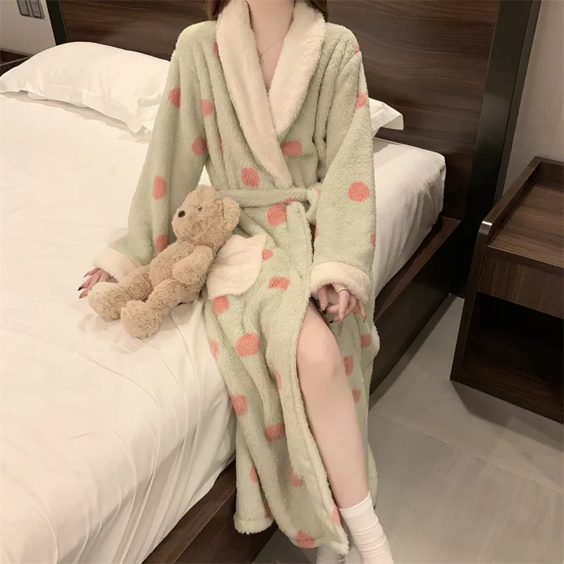 女士睡衣 秋冬珊瑚絨睡衣 女加厚加絨長款浴袍 女士甜美輕奢居家睡裙 法蘭絨睡袍家居服 女生睡衣【不二雜貨】