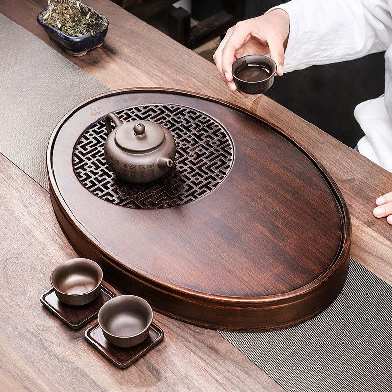 免運 超低價 可開票 新款茶盤家用小型茶臺竹茶托盤儲水幹泡盤茶具橢圓形實木茶海中式 快速發貨