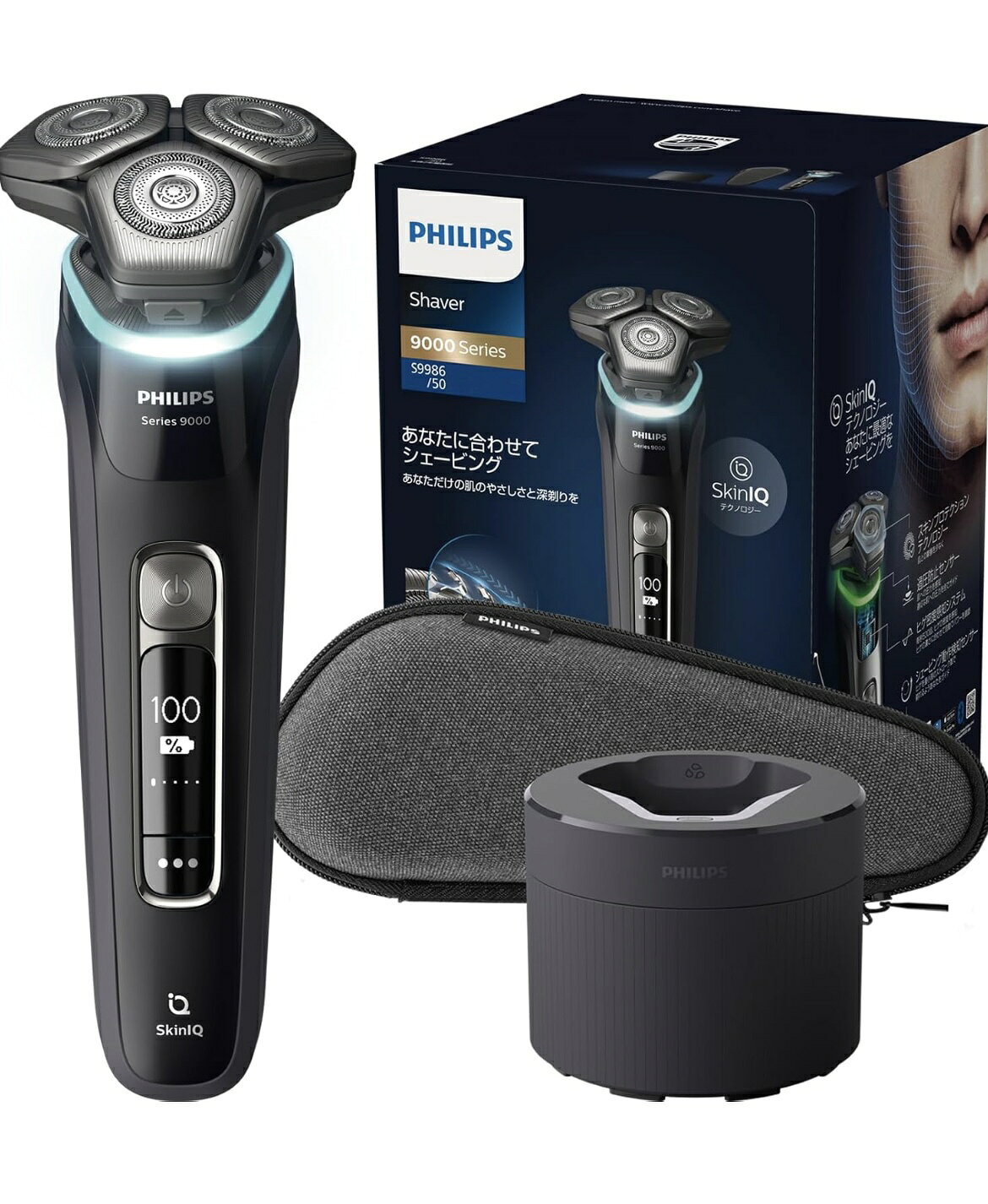 Philips 飛利浦 刮鬍刀 9000 系列 S9986/50｜72片刀片｜旋轉式設計＋SkinIQ 技術｜附清洗機｜浴室剃鬍＆可整體清洗 日版原裝進口