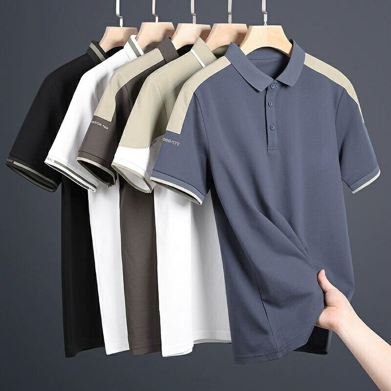 短袖t恤男 冰絲polo衫 拼接上衣 拼接短袖 短袖polo衫 夏季潮流冰絲半袖Polo衫 青年商務百搭翻領寬松上衣