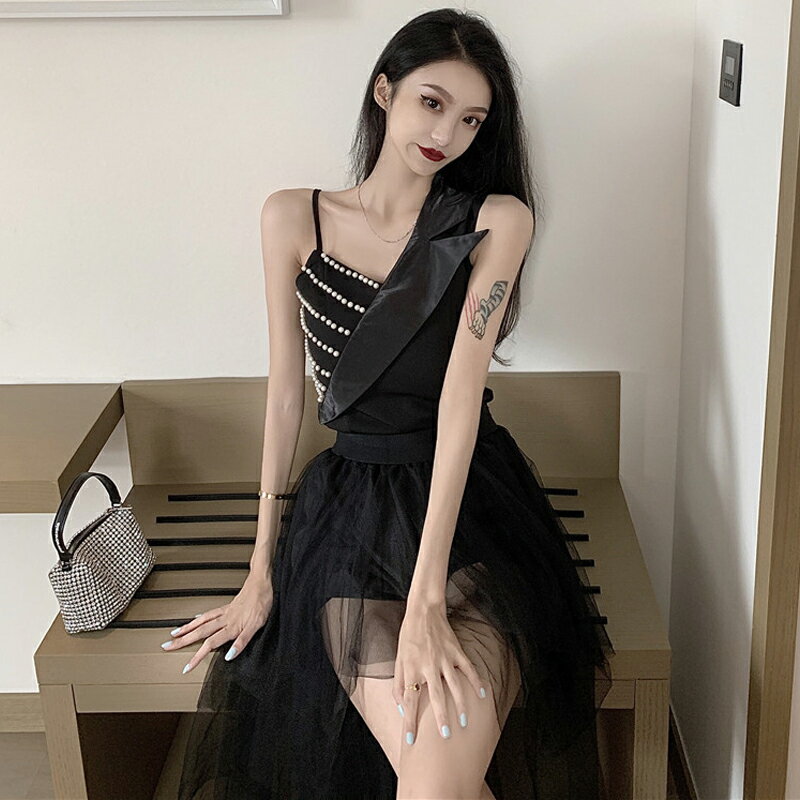 格格家 春季名媛性感設計感皮帶收腰抹胸+高腰不規則紗半身裙套裝