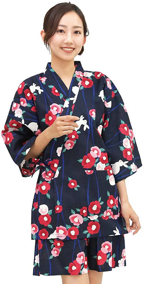 Nishiki【日本代購】和式清涼居家服 睡衣 上下套裝 棉100%-椿にうさぎ