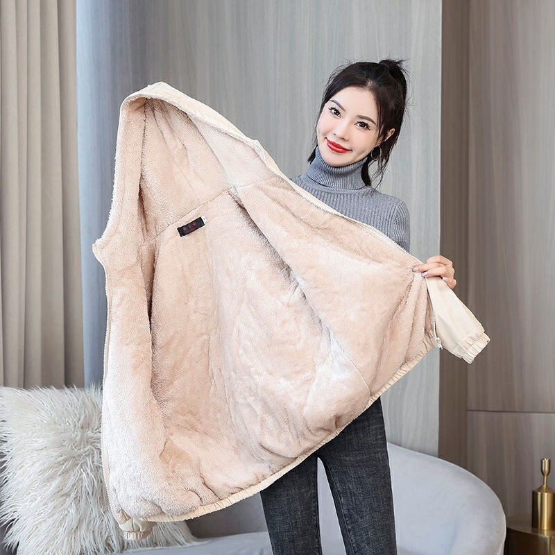 刷毛加厚冬季連帽外套女士保暖防水棉衣新款休閒時尚百搭短版上衣