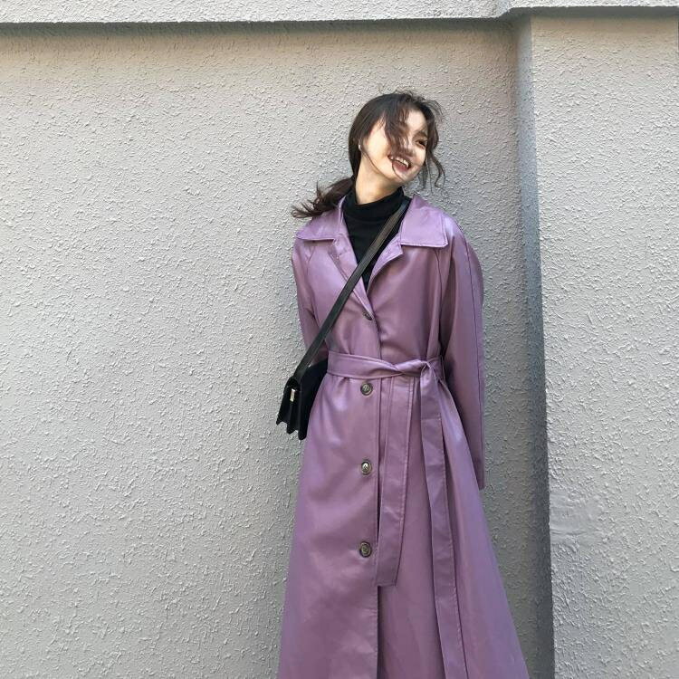 紫色皮衣外套女 春秋韓版小個子中長款機車皮夾克外套