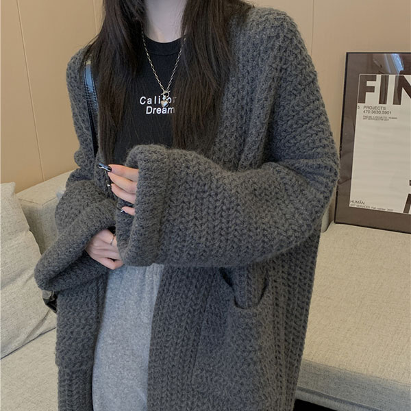 ANNAS 正韓 特價 芭比粉 外套 粗針織罩衫 長版 寬鬆 大衣 毛衣 韓國 2