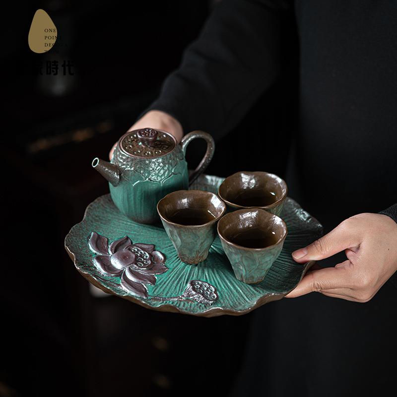 手工浮雕窯變青野干泡盤日式功夫 茶具  陶瓷 小號茶盤壺承茶臺茶托盤xj7251