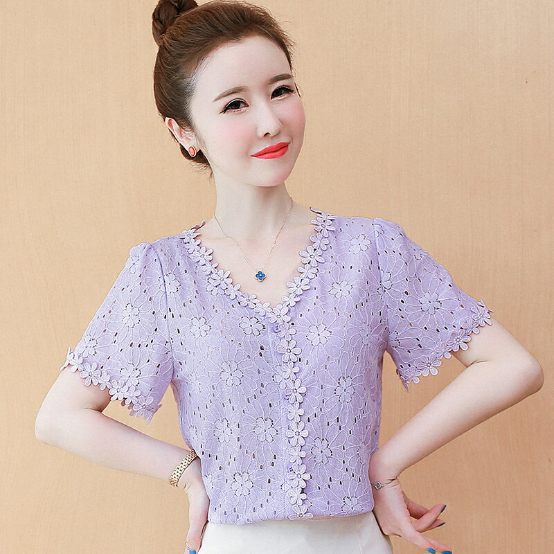 v領紫色襯衫女氣質夏裝新款時尚洋氣白襯衣復古鏤空蕾絲上衣