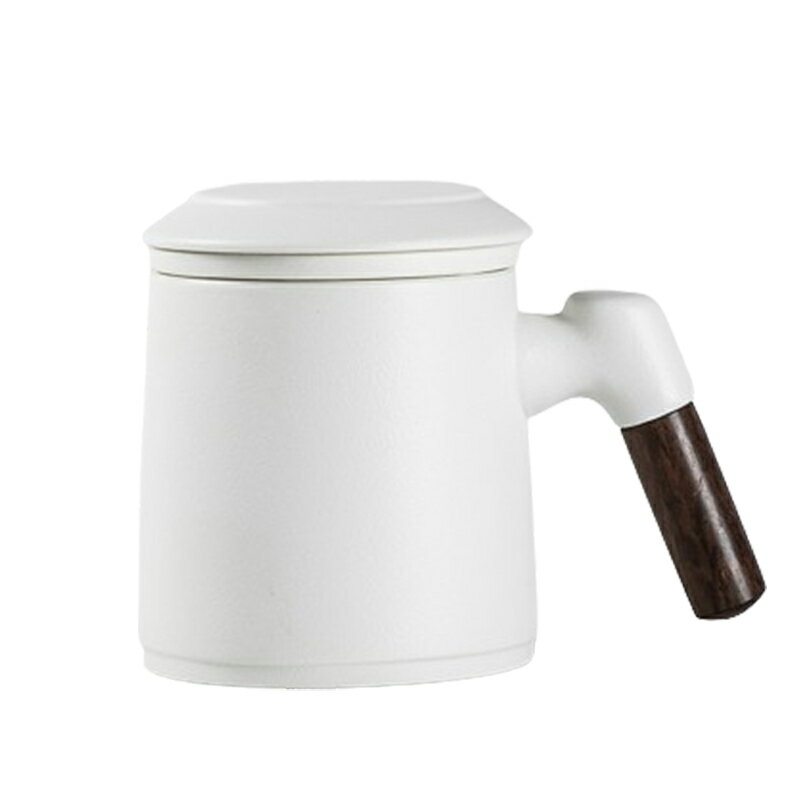 [現貨]茶杯 日式 400毫升 辦公室泡茶杯 陶瓷家用帶蓋過濾茶水分離杯 帶蓋過濾木把手 日式陶瓷含蓋過濾馬克杯 0