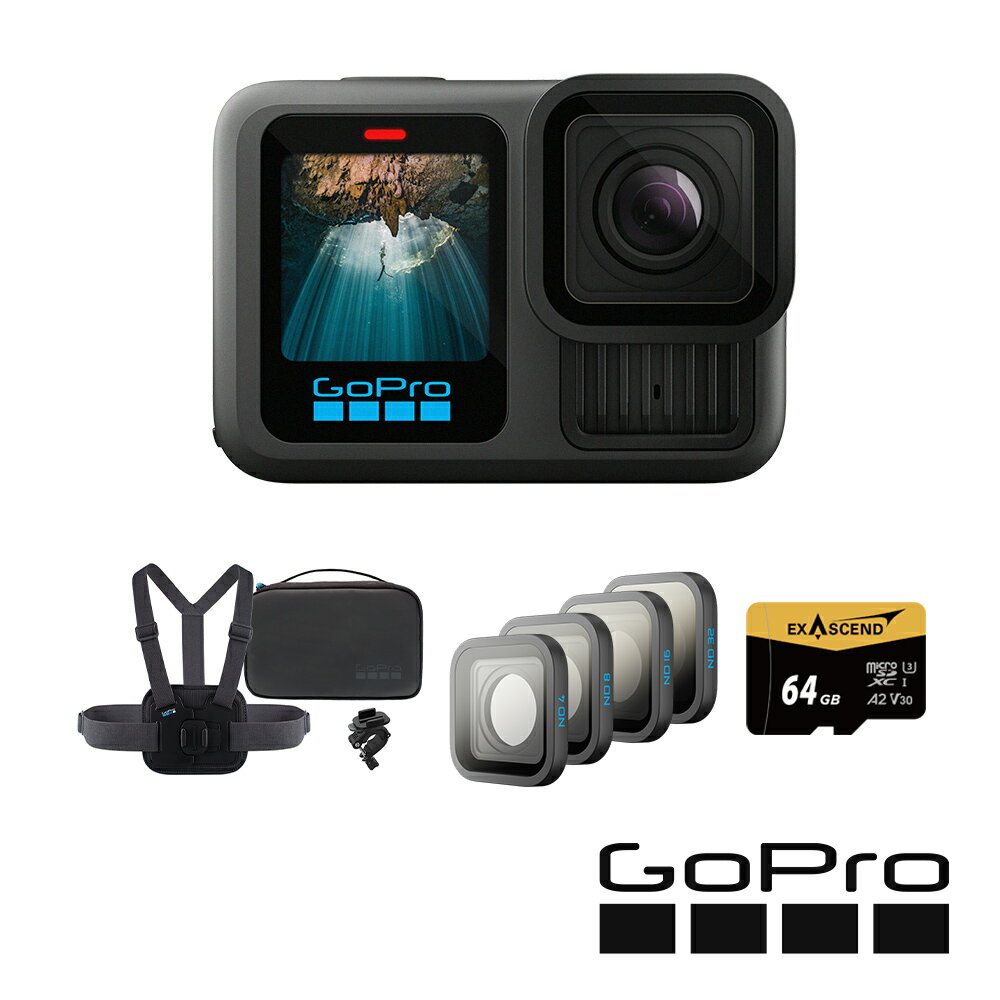 【GoPro】HERO13 Black 騎行套組 (HERO13單機+運動胸前綁帶套件+ND濾鏡4件組HB-Series+64G記憶卡) 正成公司貨