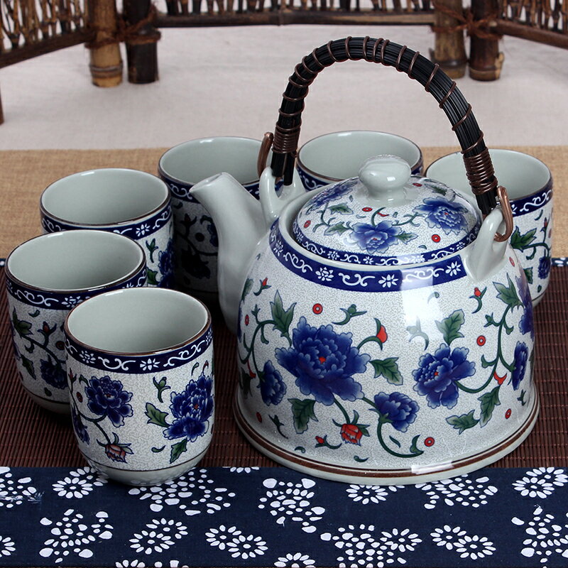 中式提梁壺茶具套裝家用復古青花瓷水壺大容量陶瓷茶壺過濾泡茶壺